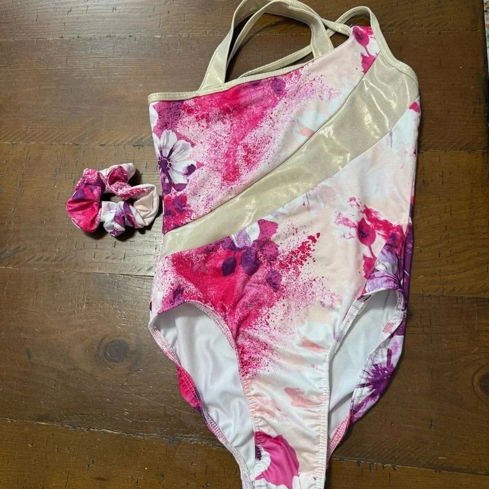 Justice Pink and Gold Floral gymnastics/dance/tumbling leotard. Preowned